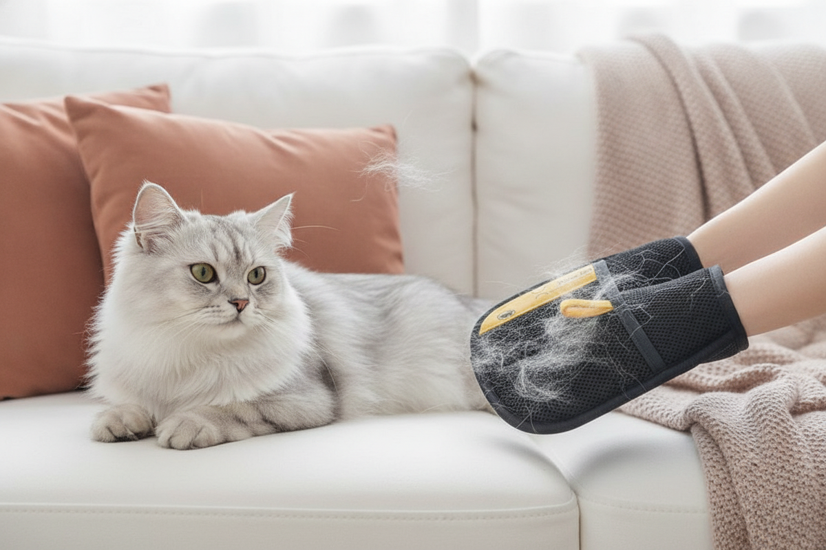 A person wearing Pet Hair Removal Gloves gently strokes a fluffy cat on a white sofa. The scene is bright with terracotta and