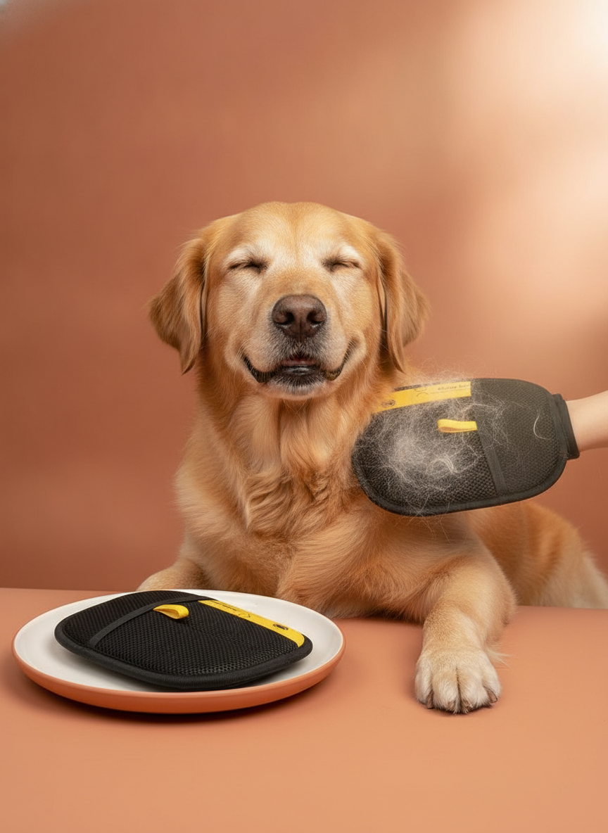 A person wearing a pet hair removal glove gently grooms a fluffy dog, removing loose fur. Another glove sits nearby. Warm lig